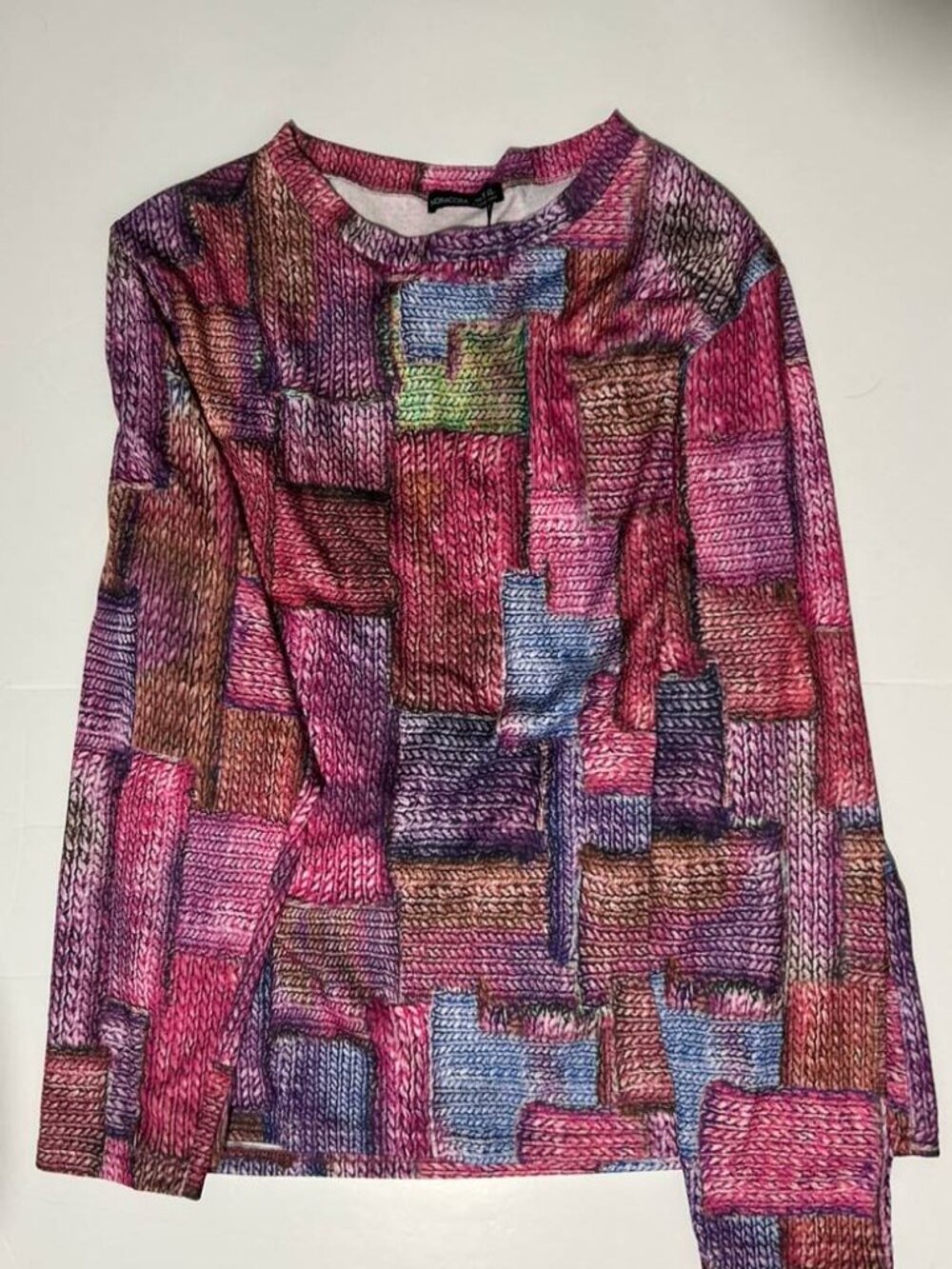 NORACORA Faux Knit Patchwork Tie Neck Top XXL NWT